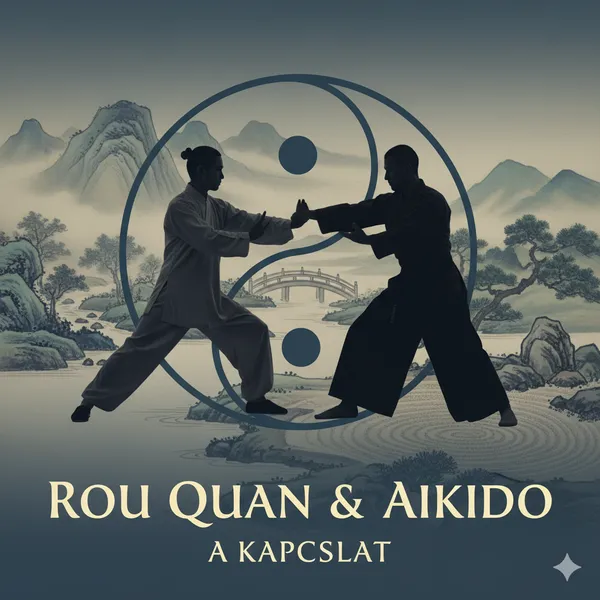 Rou Quan és Aikido gyakorló egy yin-yang szimbólum előtt a lágyság elvét mutatva