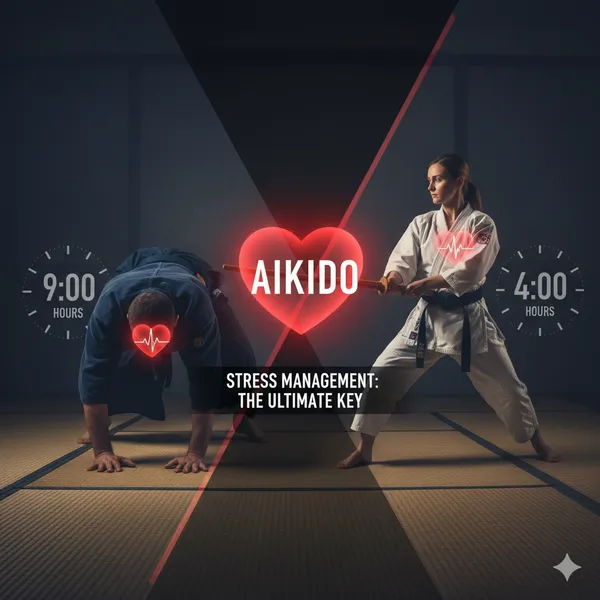 Férfi és női aikido gyakorló a tatamin. A férfi egy előrehajló ukemi pozícióban van, míg a nő egy tanto (fakés) tartásban áll. A képen órajelzők mutatják a 9:00 és 4:00 órás időtartamokat, szívritmus-grafikonok villognak a mellkasukon, és egy nagy piros szív alakú piktogram az 'AIKIDO' szóval középen. Alul a 'STRESS MANAGEMENT: THE ULTIMATE KEY' felirat olvasható. A kép a nemek közötti edzésigény és az aikido holisztikus hatására utal.