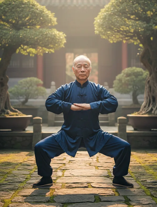 Master in Horse Stance (Ma Bu) in a peaceful garden
