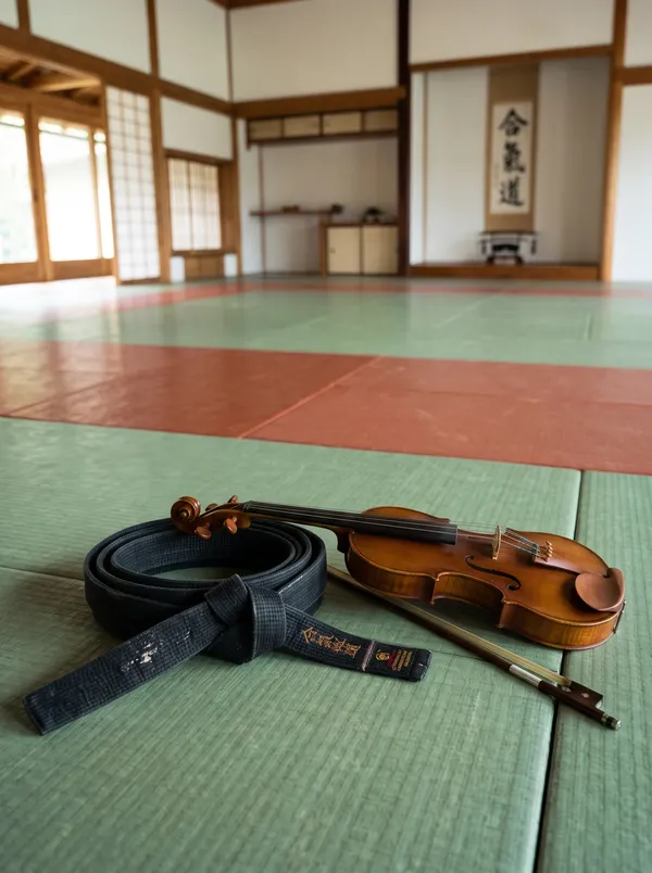 Fekete öv és hegedű vonóval a dojo tatamiján, a háttérben az aikido felirat